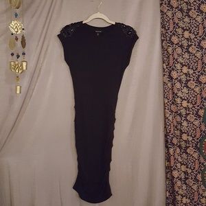 Jeweled Shoulder Black bodycon Midi Dress